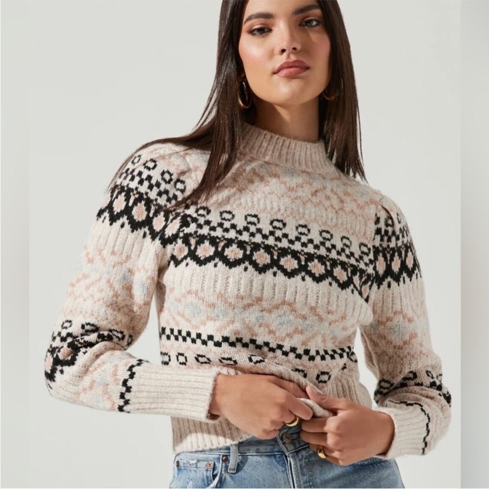 ASTR the Label Maria Mock Neck Fair Isle Knit Sweater - Ivory/Black - Medium